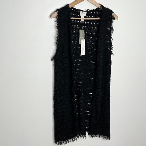Chicos Womens Fringe Francine Vest Small Black Open Front Boho Layering Knit - Picture 4 of 12